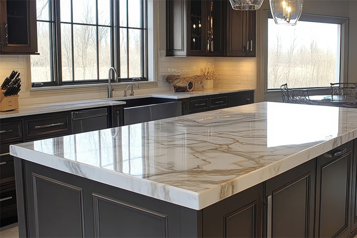 Eine große Kücheninsel mit einer schönen, dicken Natursteinplatte.