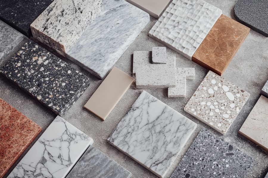 Verschiedene Quarzkomposit Steine.